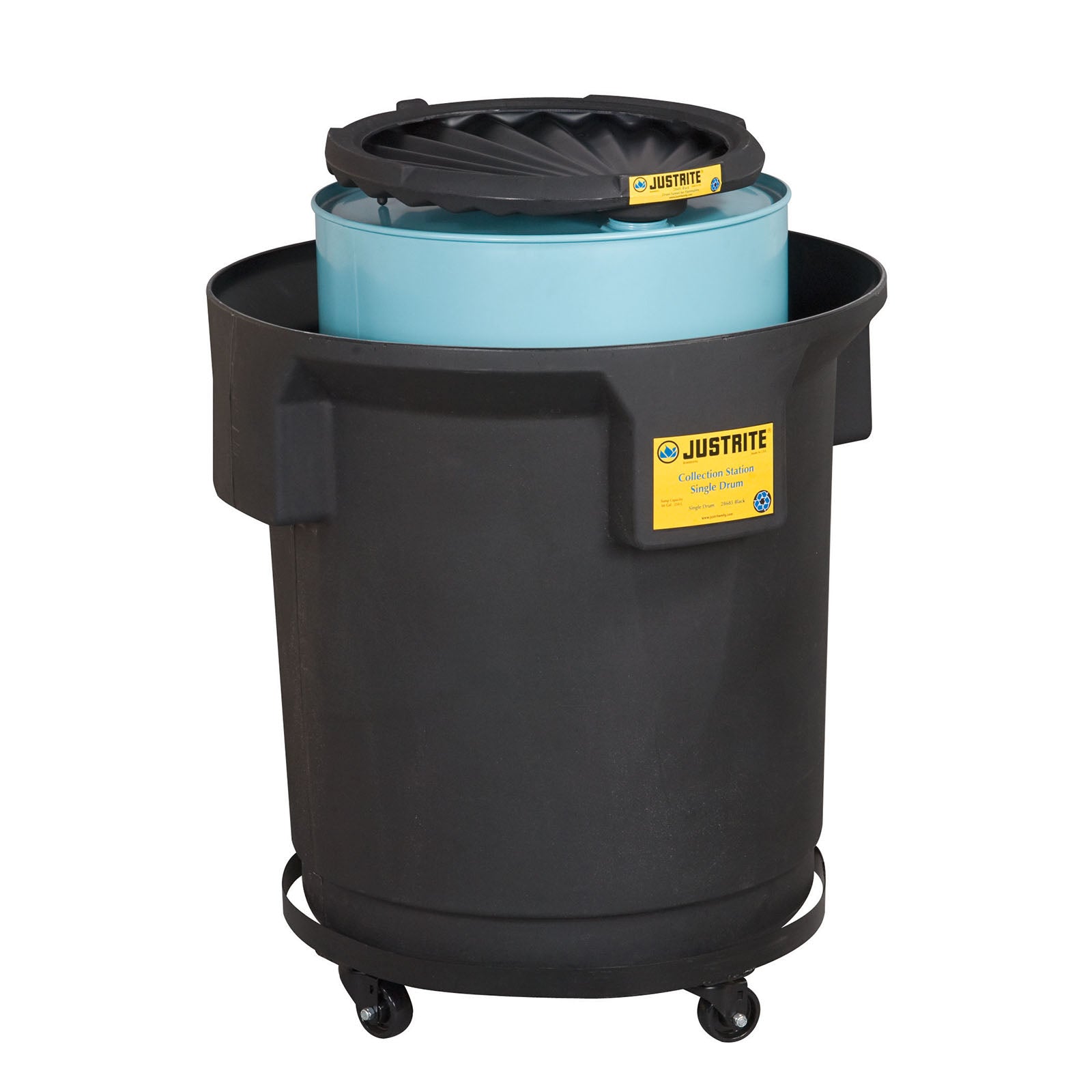 Justrite EcoPolyBlend™ Single Drum Collection Center for 55-Gal. Drum, Optional Dolly, Recycled Content