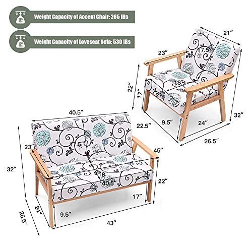 POWERSTONE Love Seats Furniture Bedroom Couches for Small Spaces Wooden Sofa Floral Settee Bench Linen Fabric Upholstered Dining Bench with Back Accent Chair White