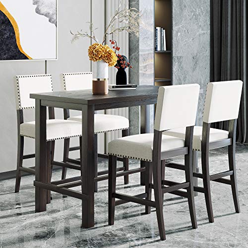 5-Piece Counter Height Dining Set, Wooden Dining Room Table and 4 High-Back Beige Dining Chairs with Footrest