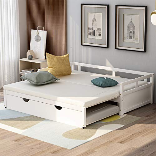 Daybed with Trundle , Twin to King Design Sofa Bed, Wooden Extendable Bed Daybed for Bedroom Living Room, White
