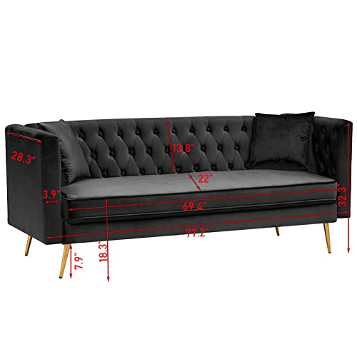 OUYESSIR Velvet Couch with Two Pillows and Gold Metal Feet, Modern Sofa for Living Room and Bedroom, 77 Inches, Black
