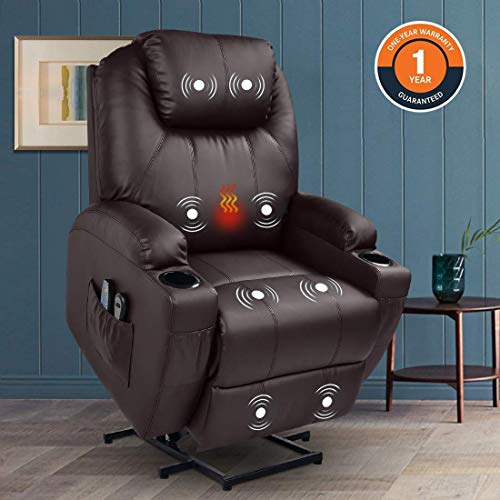 Magic Union Power Lift Chair Electric Recliner Faux Leather Heated Vibration Massage Sofa with Remote Controls Side Pockets for Elderly Catnap (Brown)