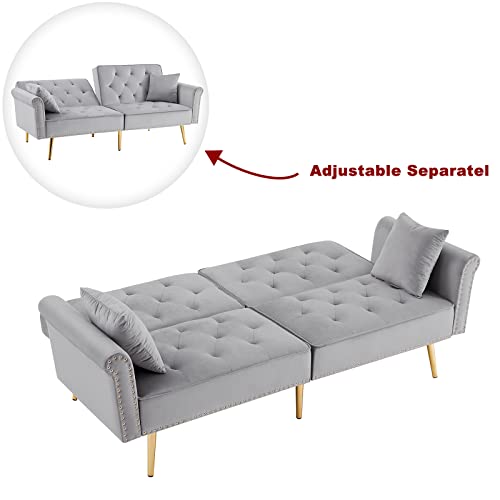 Loveseat Convertible Sleeper Sofa, Modern Velvet Futon Sofa with 2 Pillows, Modern Armchair Accents Couch Metal Legs Lounge Chairs for Living Room