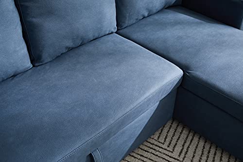 STARTO Fabric Sleeper Sectional Sofa Bed with Pull-Out Sofabed with Reversible Storage Chaise Lounge, Modern L-Shaped 3 Seating Corner Couch for Living Room Bedroom, Blue