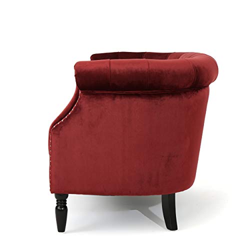 Melaina Tufted Chesterfield Velvet Loveseat with Scrolled Arms, Garnet and Dark Brown