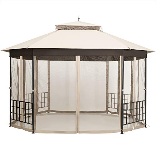 Tangkula 10 x 12 Ft Patio Gazebo, Heavy Duty Octagonal Canopy Gazebo w/Netting Sidewalls and Sturdy Steel Frame, Double Roof Vented Gazebo Canopy Shelter for Backyard Event Party BBQ (Beige)