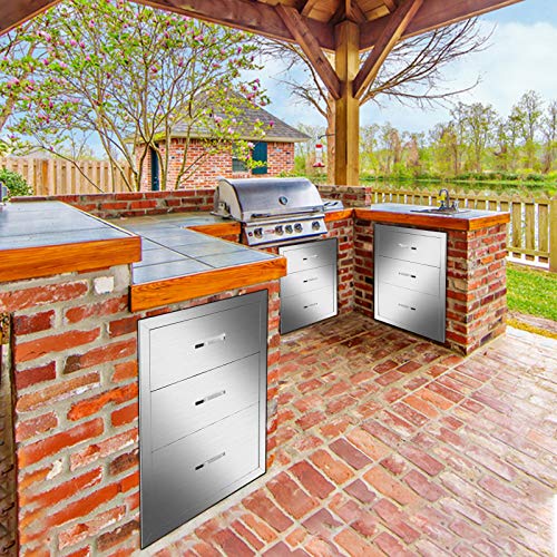 ROVSUN BBQ Outdoor Kitchen Drawers 304 Stainless Steel Triple Drawers with Stainless Steel Handle Flush Mount for Outdoor Kitchen or BBQ Island