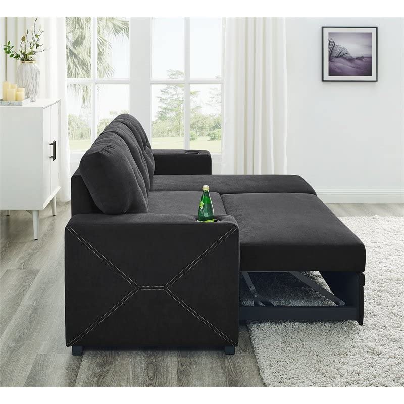 Trent Home Upholstery Polyester Blend Fabric Convertible Sectional Sleeper Sofa with Cup Holders in Black