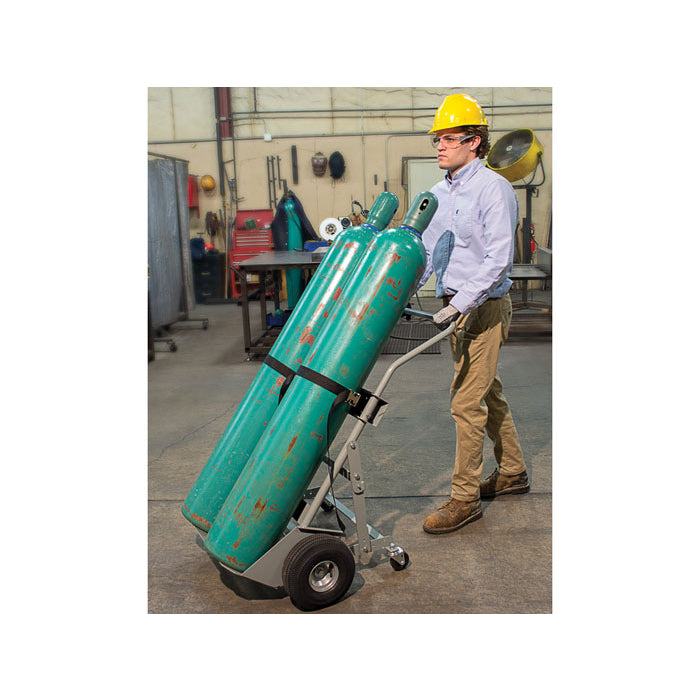 Justrite Double Cylinder Hand Truck, 10.5 Inch Pneumatic Wheels, Rear Casters