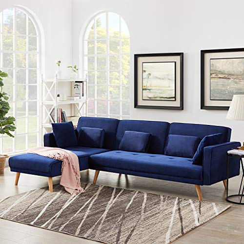 Recaceik Convertible Sectional Sofa Couch, Modern Velvet L-Shaped Chaise Lounge Sectional with Pillow and headrest, Sectional Couches for Living Room, Bule