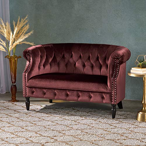 Melaina Tufted Chesterfield Velvet Loveseat with Scrolled Arms, Garnet and Dark Brown