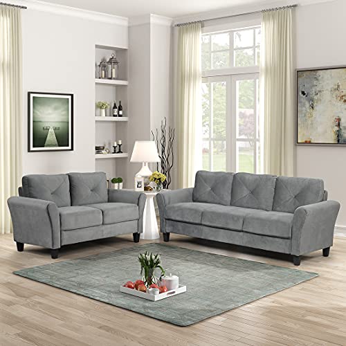 2-Piece Upholstered Sofa Couch, Modern Couch Set with 3 Seat Sofa and Loveseat Sofa, Home Furniture Set for Living Room and Bedroom, 2 Pieces (Gray)