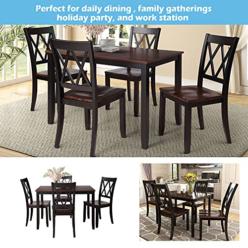 Dining Table Set, 5 Piece Kitchen Dining Table Set, Wooden Dining Table and Chair Set, Kitchen Dining Room Furniture (Black+Cherry)