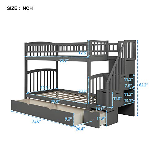 Twin Over Twin Bunk Bed with Staircases, 6 Storage and 3 Drawers, Convertible Bunk Bed for Kids, Bedroom, No Box Spring Needed