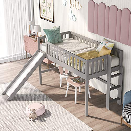Twin Size Low Loft Bed with Slide, Wood Low Loft Bed for Kids, Girls, Boys (Gray)