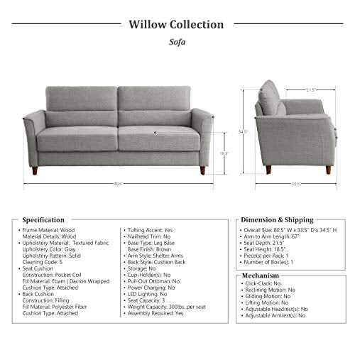 Lexicon Willow Living Room Sofa, Gray