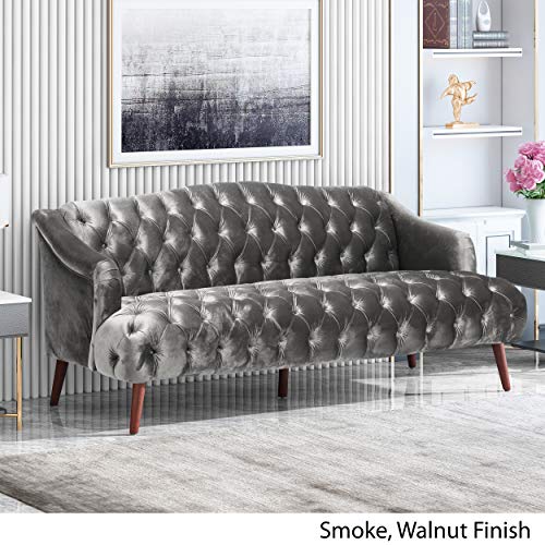 Esther Modern Glam Tufted Velvet 3 Seater Sofa, Smoke and Walnut