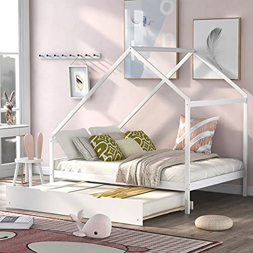 House Bed Full Size for Kids , Full Size Bed Frame with Twin Size Trundle Bed , Wooden Kids House Full Bed Frame for Girls, Boys ,No Box Spring Needed,White