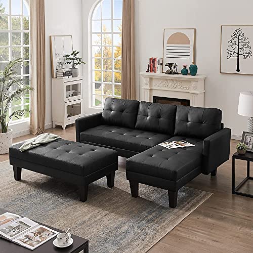 RINIMEI L-Shaped Tufted Cushion Corner Couch Faux Leather Upholstery Sectional Sofa Easy Assemble with Reversible Chaise Lounge & Ottoman Bench for Home & Apartment Living Room Furniture Sets, Black