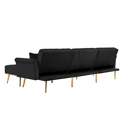 Modern Sofa Bed Couch,Living Room Furniture Sofa Ottoman Set with 3 Levels Adjustable Back and Nailhead Trim,Tufted Velvet Reversible Sectional Couchs with Gold Metal Legs (Black)
