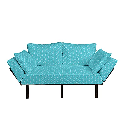 Ambesonne Teal Futon Couch, Waves Pattern in Ocean Summertime Oriental Japanese Style Cartoon Illustration Art, Daybed with Metal Frame Upholstered Sofa for Living Dorm, Loveseat, Aqua Blue