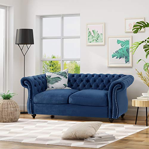 Christopher Knight Home Karen Traditional Chesterfield Loveseat Sofa, Navy Blue and Dark Brown, 61.75 x 33.75 x 27.75, 306027