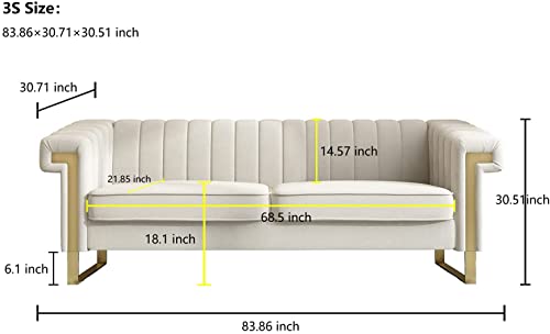 Chesterfield Sofa with Tufted Velvet Upholstered,Modern Velvet Couch with Flared Arms and Removable Cushions,83.85 Inch Width Living Room Furniture,Solid Wood Frame and Gold Legs,Beige