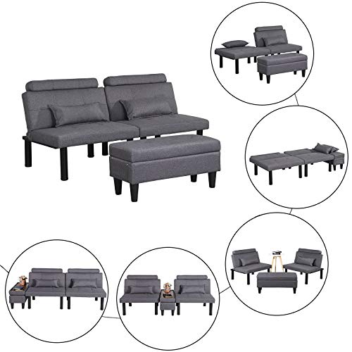 Futon Sofa Bed Adjustable Convertible Sleeper Sofa for Living Room, Apartment, Dorm Storage Ottoman Coffee Table, Lumbar Pillows (Linen-Gray)