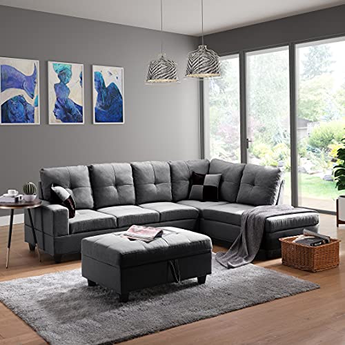 MAFOROB Reversible Sectional Sofa Couch for Living Room with Right Chaise & Ottoman & 2 Pillows, 74.5 inch, Gray