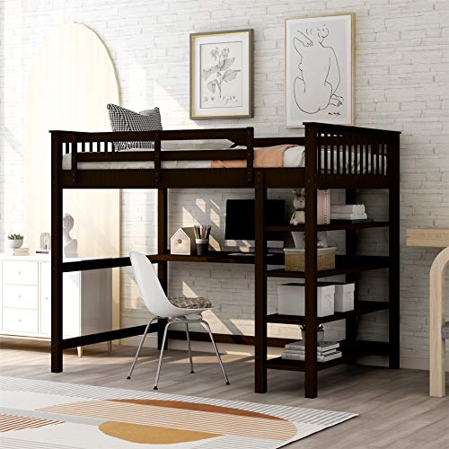 Full Loft Bed with Desk and Storage Shelves, Wood Loft Bed with Ladder, for Kids, Teens, Adults (Espresso)