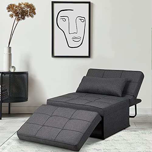 Ottoman Convertible Sofa Bed 4 in 1 Design Multi-Function 5-Level Adjustable Ottoman Recliner Guest Sofa Chair Bed Bench with Pillow for Bedroom Small Room and Apartment (Dark Grey)