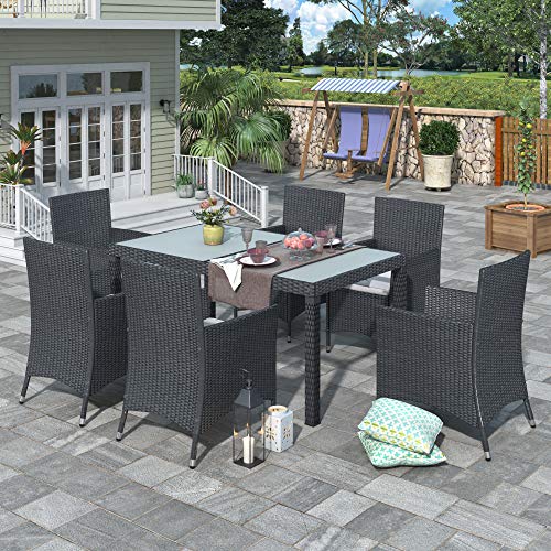 Harper & Bright Designs 7 Piece Patio Furniture Dining Set Outdoor Garden Black Wicker Rattan Dining Table Chairs Conversation Set with Beige Cushions
