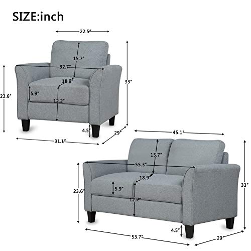 Rhomtree Living Room 2 Piece Sofa Couch Set,2 Seats Loveseat Single Chair Sectional Sofa Set, Living Room Furniture Set Single Chair and 2-seat Sofa (Gray)