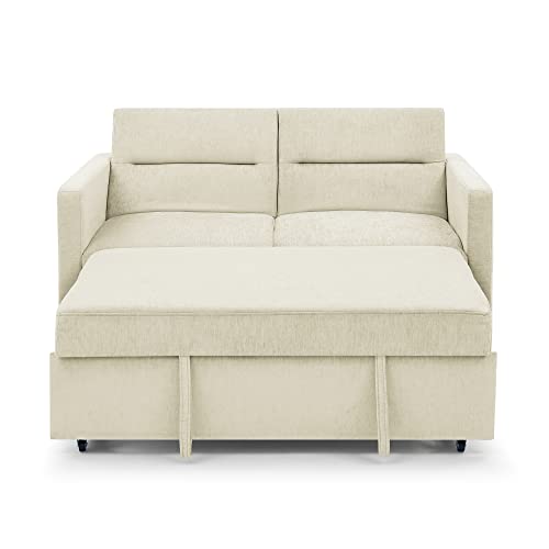 kupet Convertible Sleeper Sofa Loveseats Pull-Out Beds Adjustable Back and Two Arm Pocket, Beige