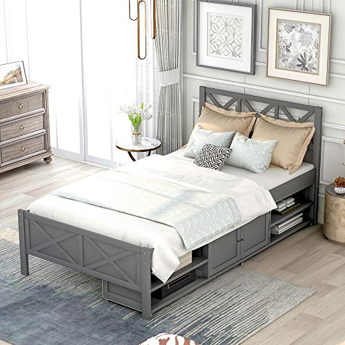 Twin Platform Bed with Drawers / Wooden Storage Bed with Headboard and Footboard /Wood Slat Support / No Box Spring Needed / Easy Assembly,Gray