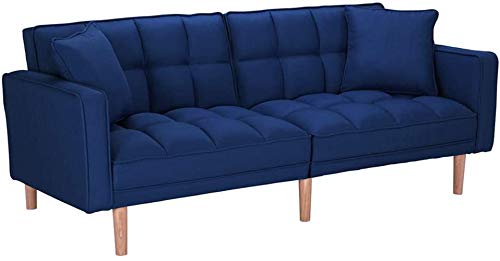 FCNEHLM 100 Modern Futon Bed, Convertible Sleeper Sofa with Armrests and 2 Pillows, Split Design, 100% Polyester Linen-Look Fabric, for Living Room(Yellow), Blue