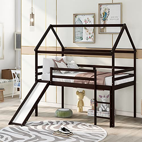 Twin Size Loft Bed with Slide, House Bed with Slide, Wood Bed Frame Tent Bed for Kids, Boys and Girls, Espresso