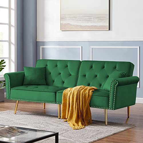 Velvet Futon Sofa Bed Convertible Sleeper Sofa Couch with Two Pillows, Antetek Modern Loveseat Sofa with 3 Adjustable Positions and 6 Golden Metal Legs for Living Room and Bedroom, Green