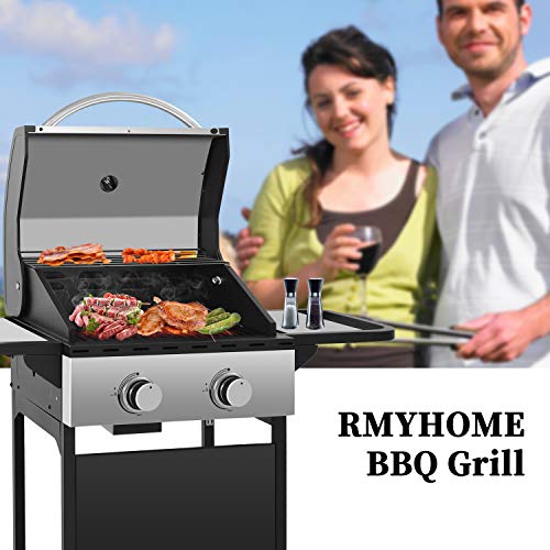 RMYHOME BBQ Liquid Propane Gas Grill Stainless Steel 16,000 BTU Patio Garden Barbecue Grill with Built in Thermometer, Removable Wheels (Two Burners)