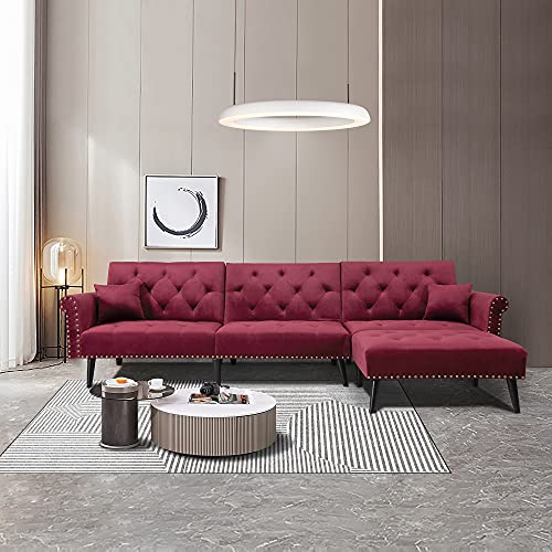 Convertible Bed L-Shape Chaise Sectional Sleeper Button Tufted Sofa Velvet with Pillows Reversible Couch for Living Room (Red)