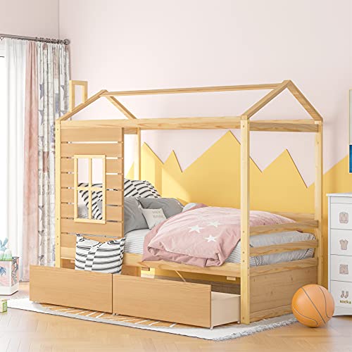 Twin House Bed for Kids, Twin Daybed with Drawers and Roof, Twin Size House Bed Frame with Storage and Fence for Kids, Teens, Girls & Boys, Easy Assembly (Natural)