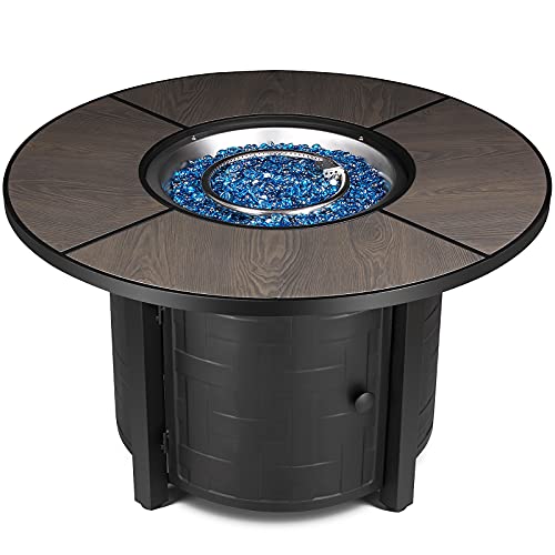 42in Propane Fire Pit Table with Blue Fire Glass & Waterproof Fire Pit Table Cover, 50,000 BTU Auto-Ignition Gas Fire Bowl for Patio Courtyard Balcony, Outdoor, CSA