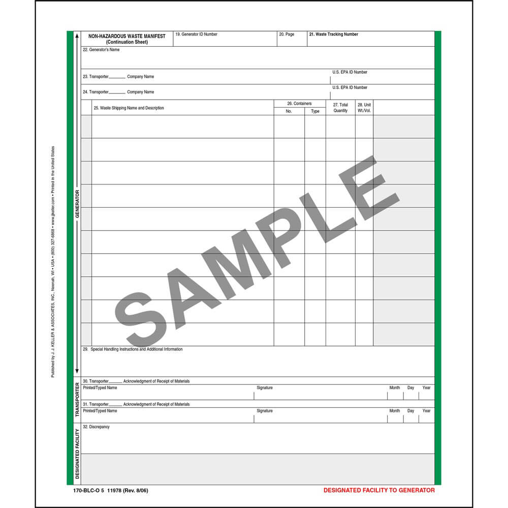 JJ Keller Non-Hazardous Waste Manifest Continuation Sheet - Pin-Feed Format, 5-Ply (Pack of 500)