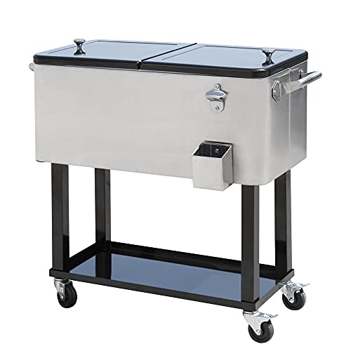 Outsunny 80 QT Rolling Cooler Ice Chest on Wheels Outdoor Stand Up Drink Cooler Cart for Party, Stainless Steel
