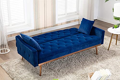 Velvet Futon Sofa Bed with Two Pillows, Modern Sleeper Sofa Couch with 3 Adjustable Angles, Convertible Loveseat for Living Room and Bedroom, Blue