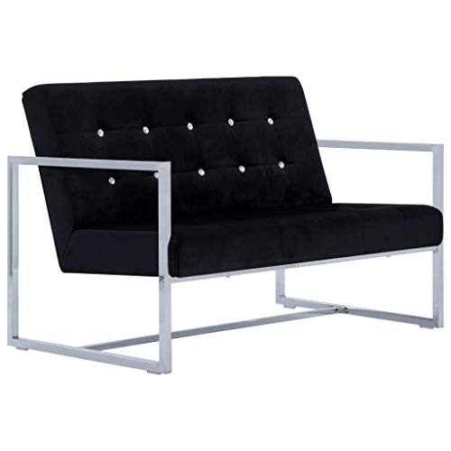 2-Seater Sofa with Armrests | Modern 2-Seat Sofa Couch with Metal Legs | Polyester Living Room Sofa with Wooden Frame | Black Velvet with Chrome Legs 44.9