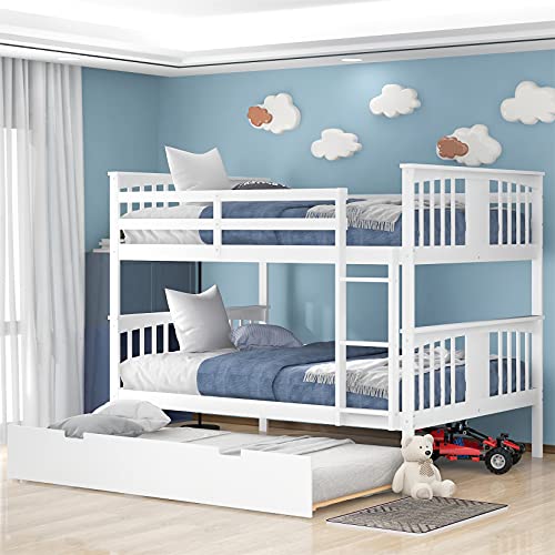 Full Over Full Bunk Bed for Adults Kids Teens, Full Over Full Bunk Beds with Trundle,Detachable Wood Full Bunk Bed Frame with High Length Guardrail,White