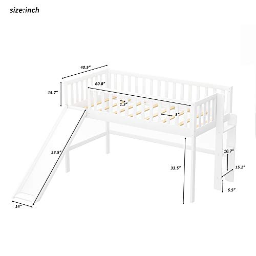 Loft Bed Twin with Ladder , Twin loft Bed with Slide ,Wood Low Profile Kids loft Bed , No Box Spring Needed,White