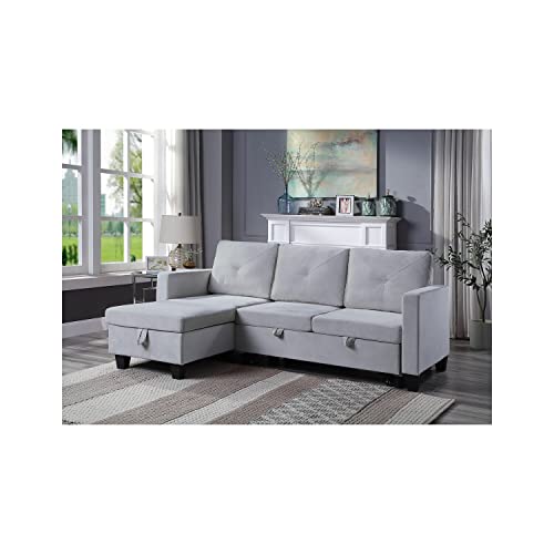 Lilola Home Velvet Reversible Sleeper Sectional Sofa with Storage Chaise, Light Gray