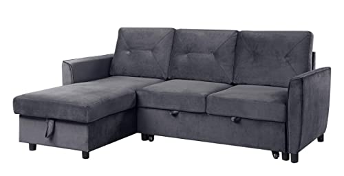 Hudson Dark Grey Velvet Reversible Sleeper Sectional Sofa with Storage Chaise